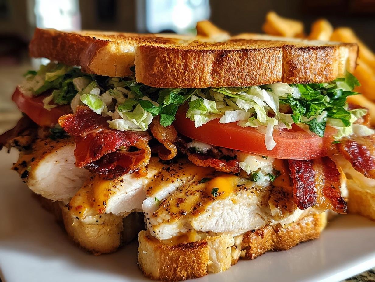 A close-up of a Loaded Chicken Club sandwich with grilled chicken, crispy bacon, lettuce, tomato, and cheese, served with french fries.