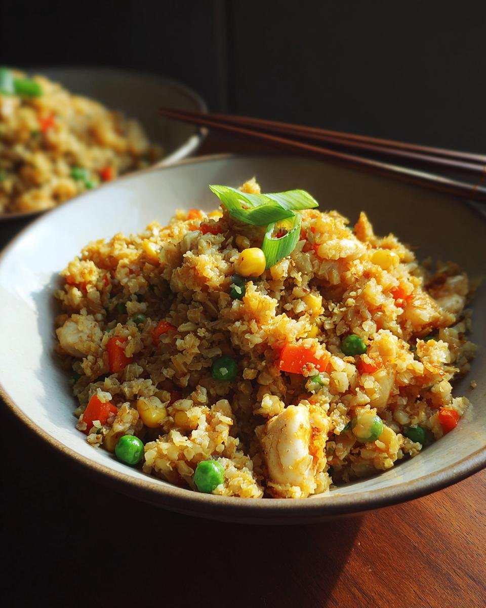 A bowl of delicious Low-Carb Cauliflower Fried Rice mixed with peas, carrots, and corn, garnished with green onions.