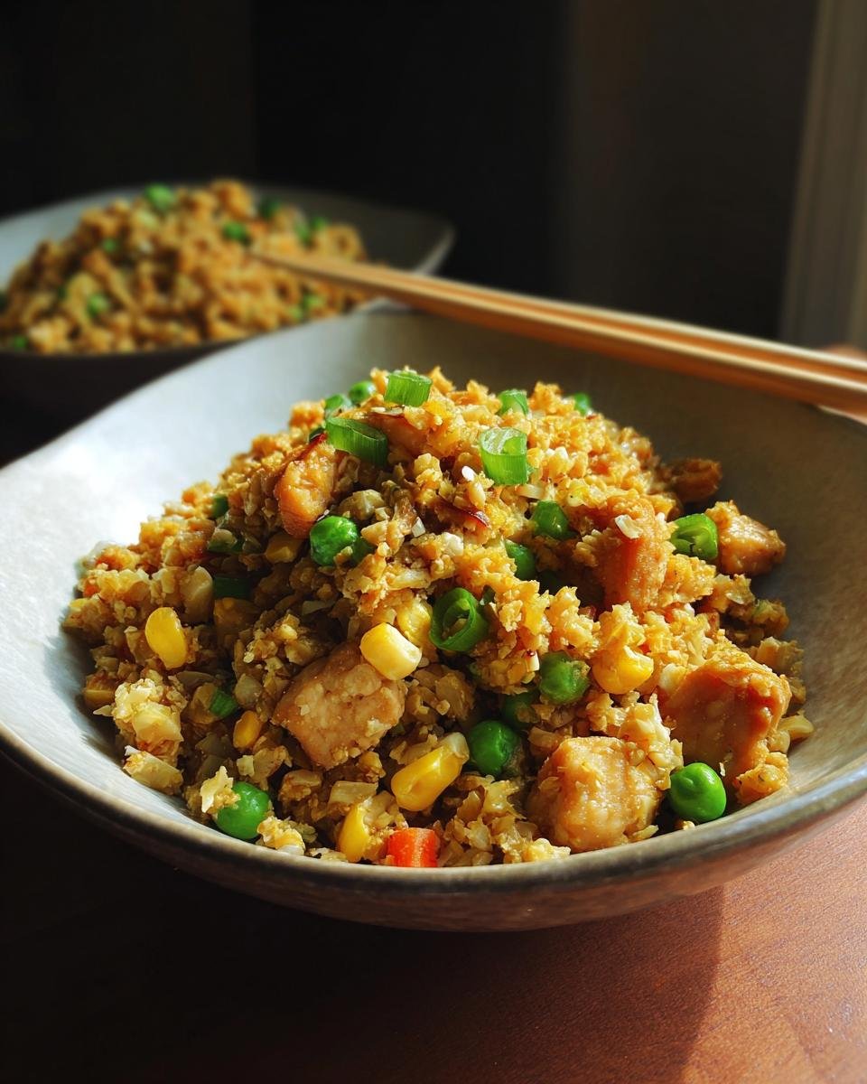 A close-up of a bowl of Low-Carb Cauliflower Fried Rice, featuring cauliflower florets, peas, corn, and chicken pieces, garnished with green onions.
