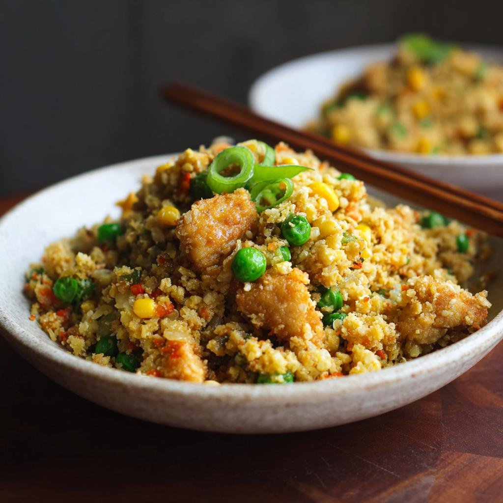A bowl of delicious Low-Carb Cauliflower Fried Rice with peas, corn, and chicken pieces, garnished with green onions.