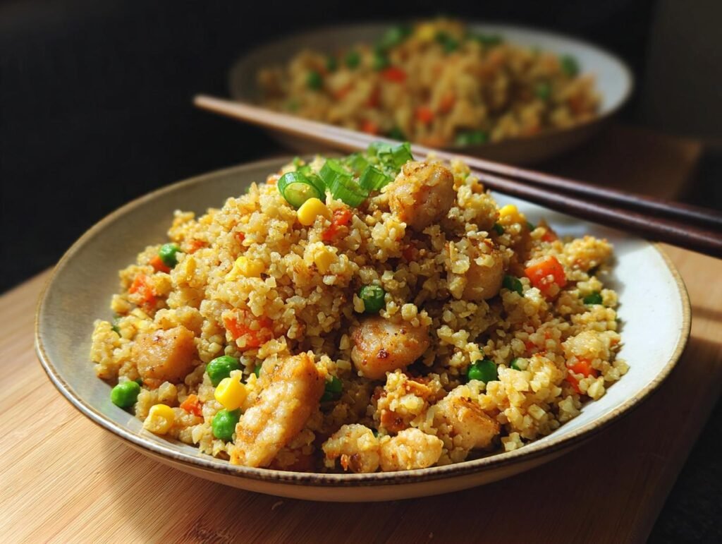 A close-up of a bowl of delicious Low-Carb Cauliflower Fried Rice with chicken pieces, peas, carrots, and corn.