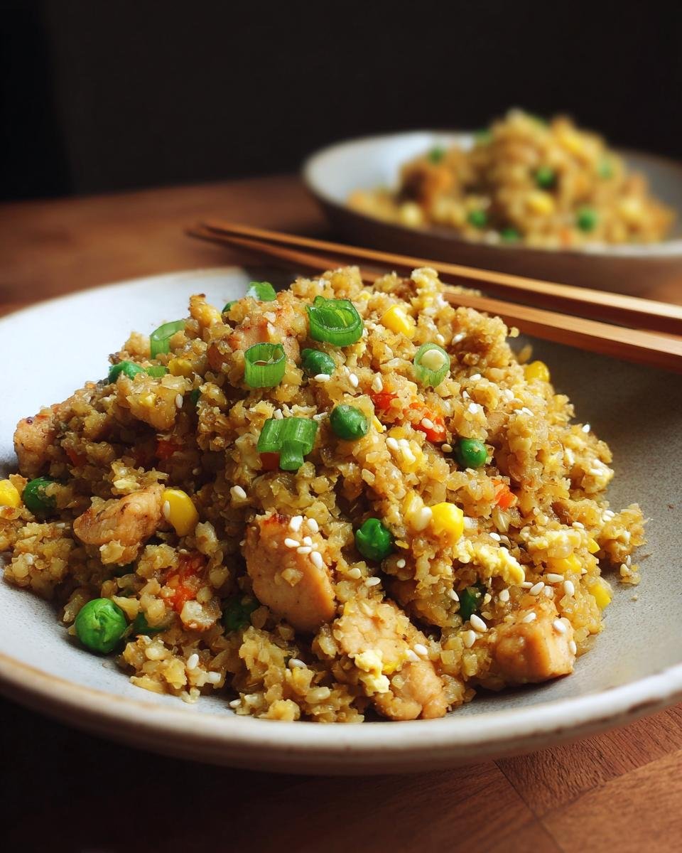 A close-up of a bowl of Low-Carb Cauliflower Fried Rice with chicken, peas, corn, and green onions.