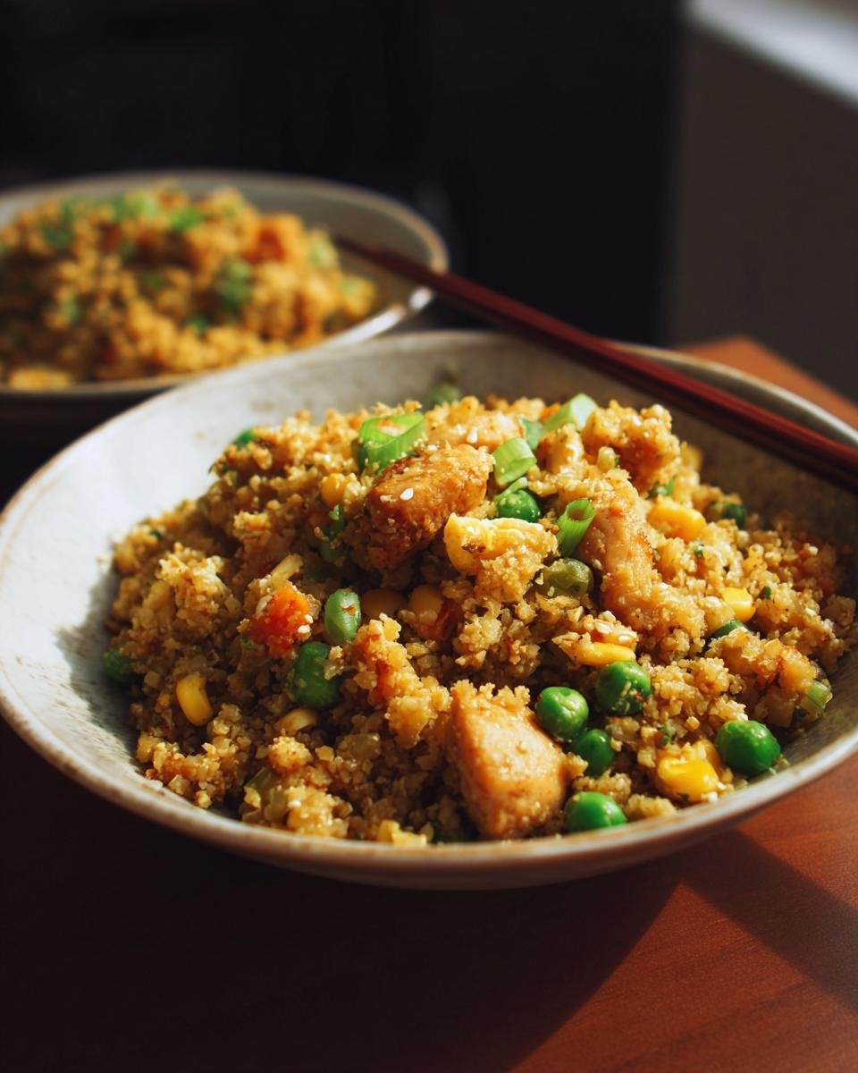 A bowl of delicious Low-Carb Cauliflower Fried Rice with chicken pieces, peas, and corn, garnished with green onions.