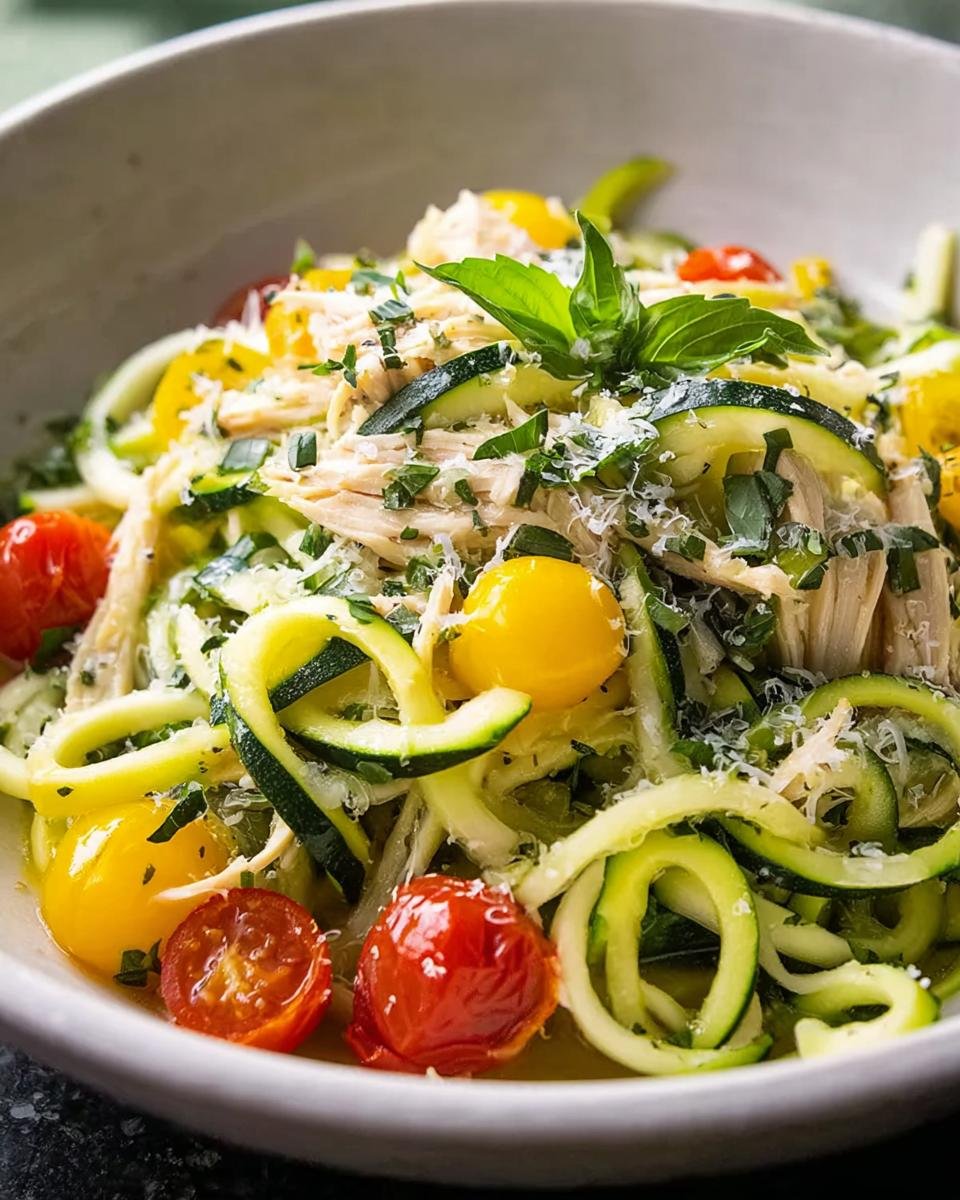 A close-up of a Low-Carb Zucchini Noodle Bowl featuring spiralized zucchini, shredded chicken, cherry tomatoes, and fresh herbs.