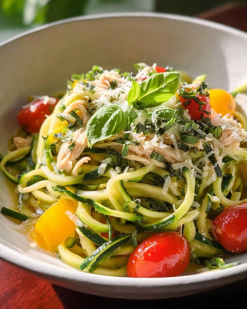 A vibrant Low-Carb Zucchini Noodle Bowl featuring spiralized zucchini, shredded chicken, cherry tomatoes, fresh basil, and grated cheese.