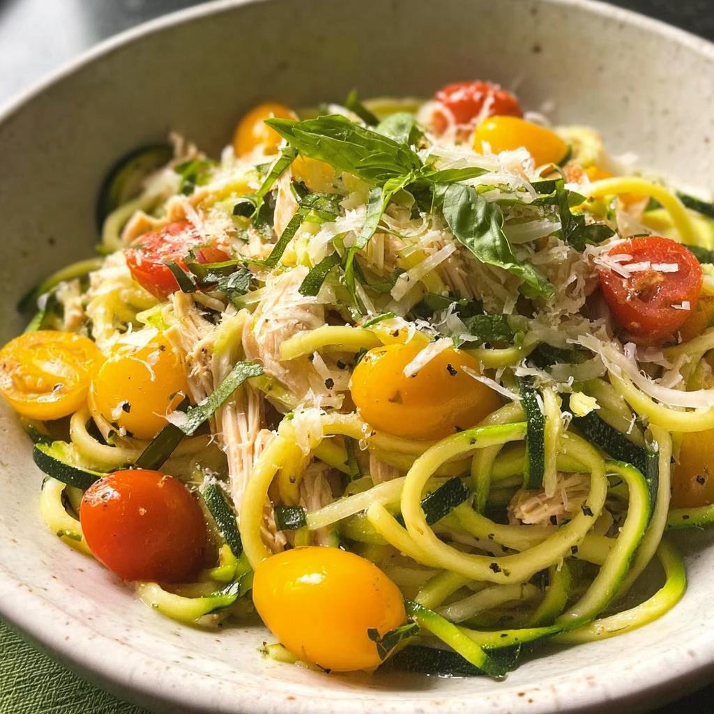 A vibrant Low-Carb Zucchini Noodle Bowl featuring spiralized zucchini, cherry tomatoes, shredded chicken, and fresh basil.