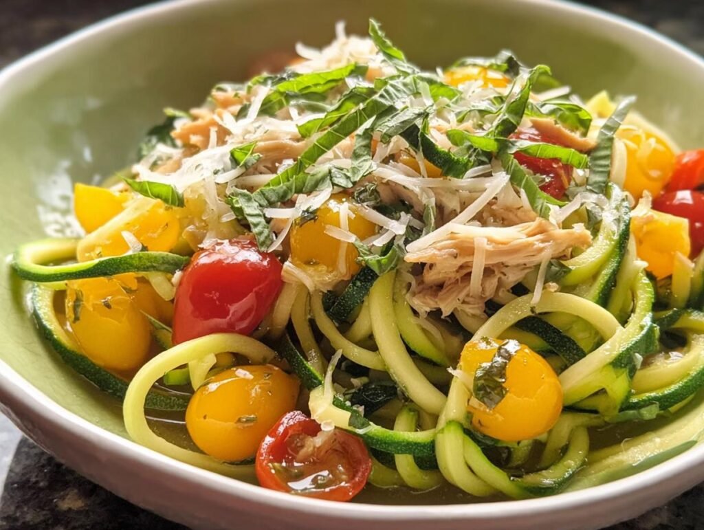 A vibrant Low-Carb Zucchini Noodle Bowl filled with spiralized zucchini, cherry tomatoes, shredded chicken, and topped with fresh basil and Parmesan cheese.