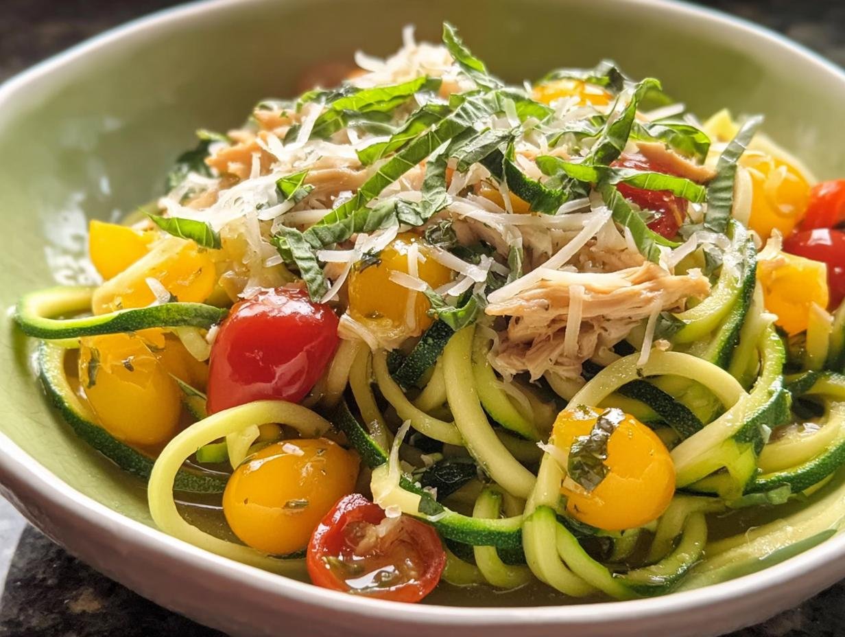 A vibrant Low-Carb Zucchini Noodle Bowl filled with spiralized zucchini, cherry tomatoes, shredded chicken, and topped with fresh basil and Parmesan cheese.
