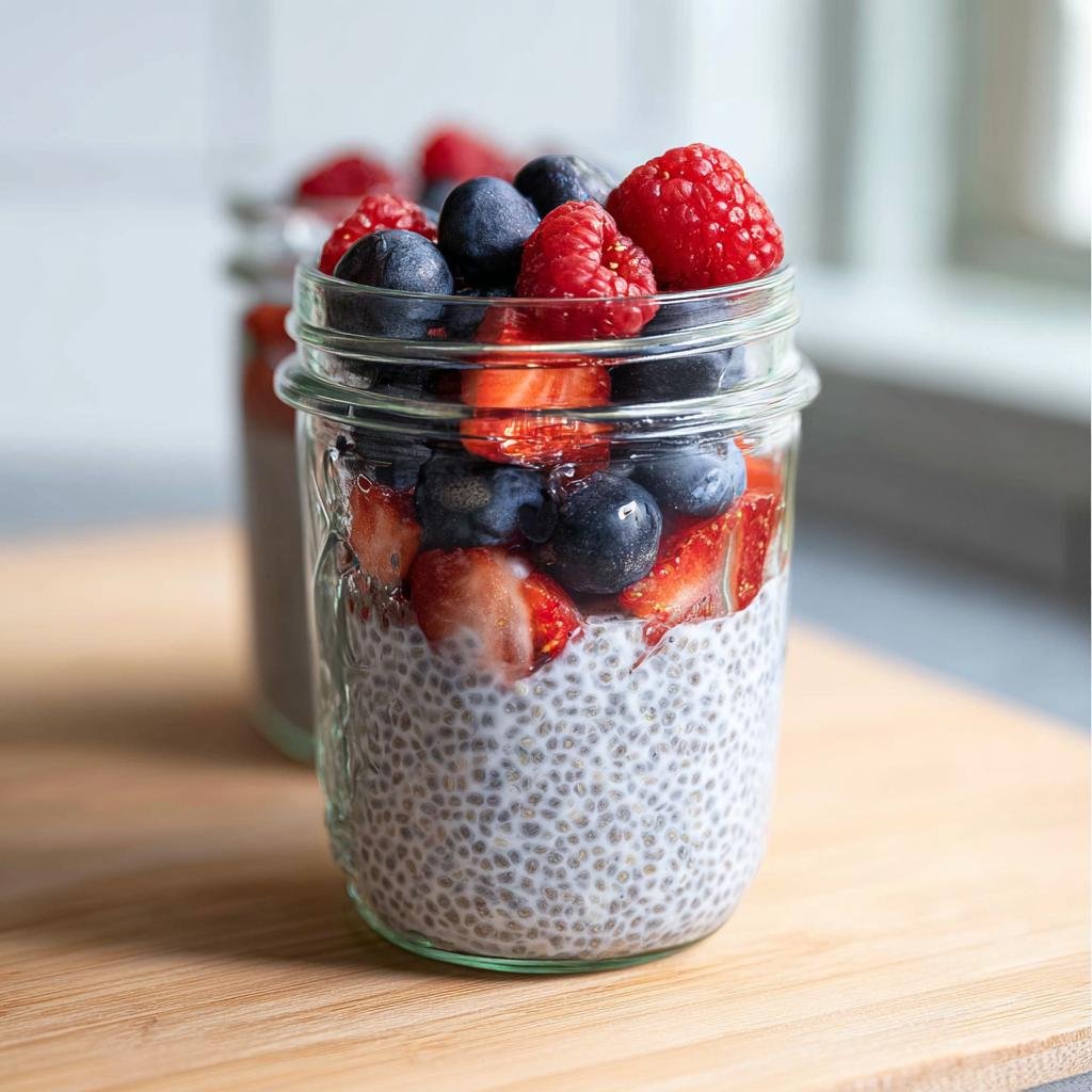 A close-up of a jar filled with low-sugar chia pudding topped with fresh strawberries, blueberries, and raspberries.