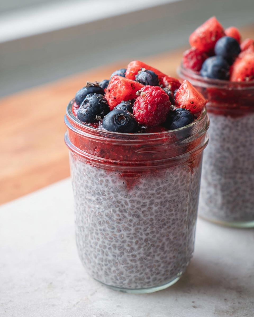 Two jars of Low-Sugar Chia Pudding topped with fresh strawberries, blueberries, and raspberries.