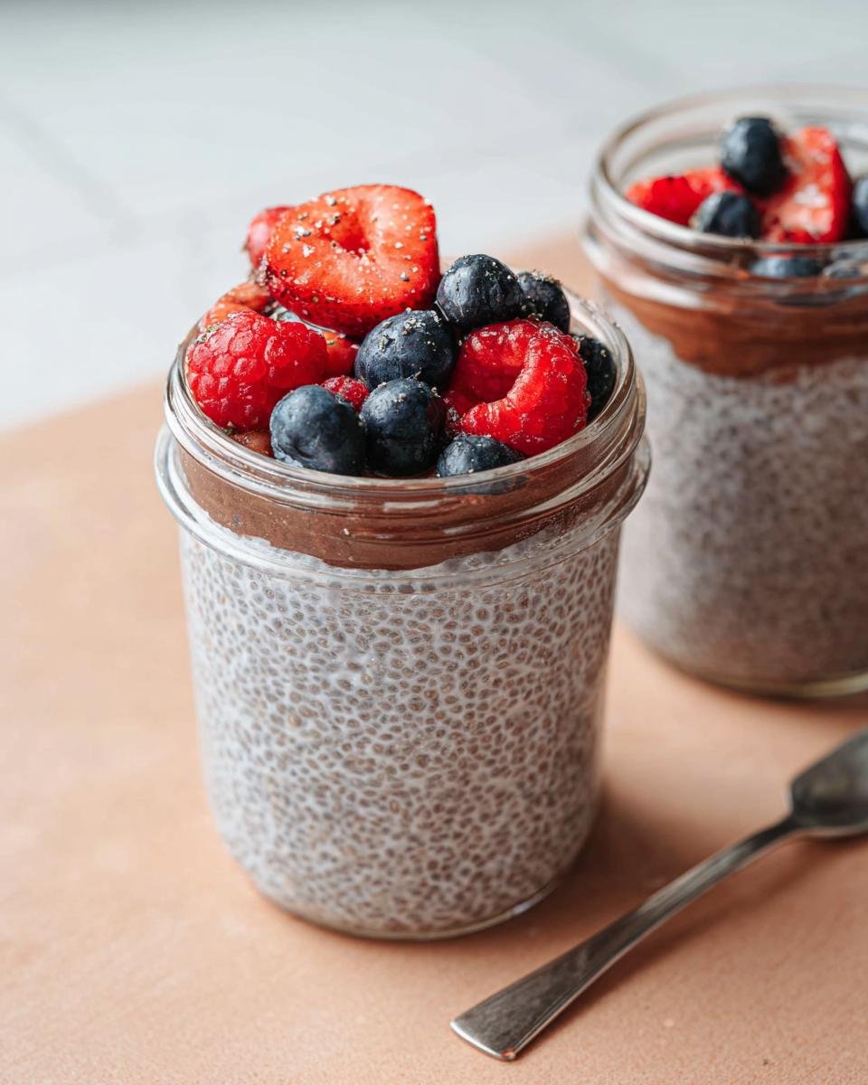 A close-up of a glass jar filled with low-sugar chia pudding, topped with fresh strawberries, raspberries, and blueberries.