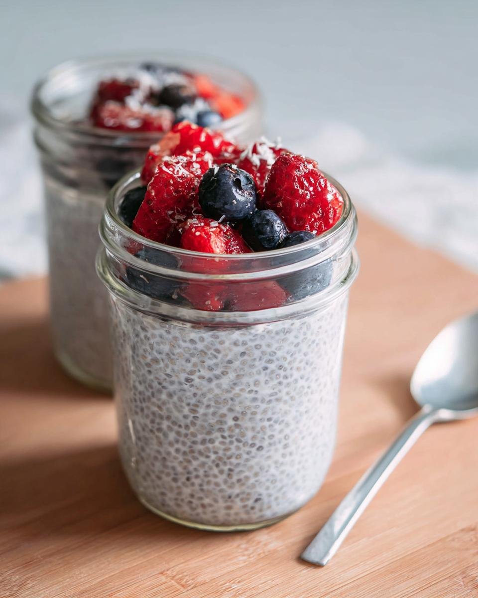 Two jars of low-sugar chia pudding topped with fresh berries and a sprinkle of coconut flakes.