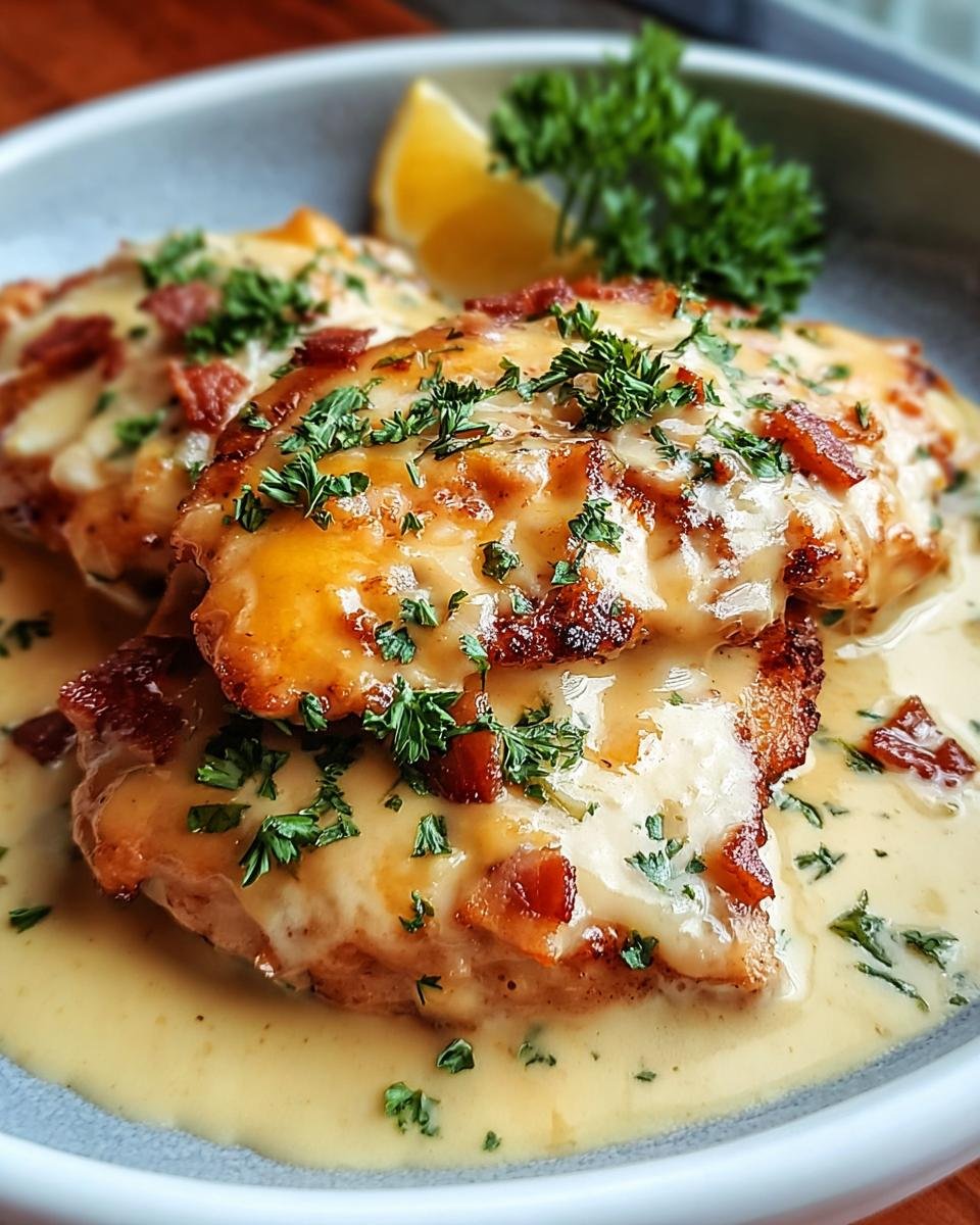 Close-up of Malibu Chicken topped with melted cheese, crispy bacon, and fresh parsley, served with a lemon wedge.