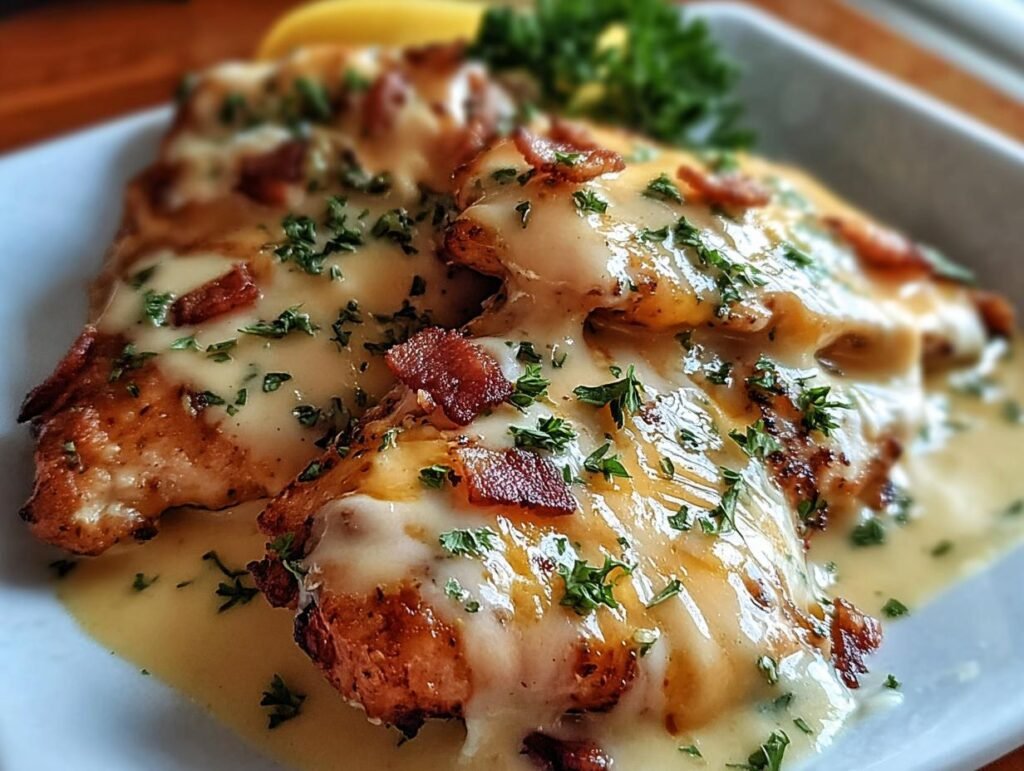 Close-up of juicy Malibu Chicken breasts topped with melted cheese, crispy bacon bits, and fresh parsley.
