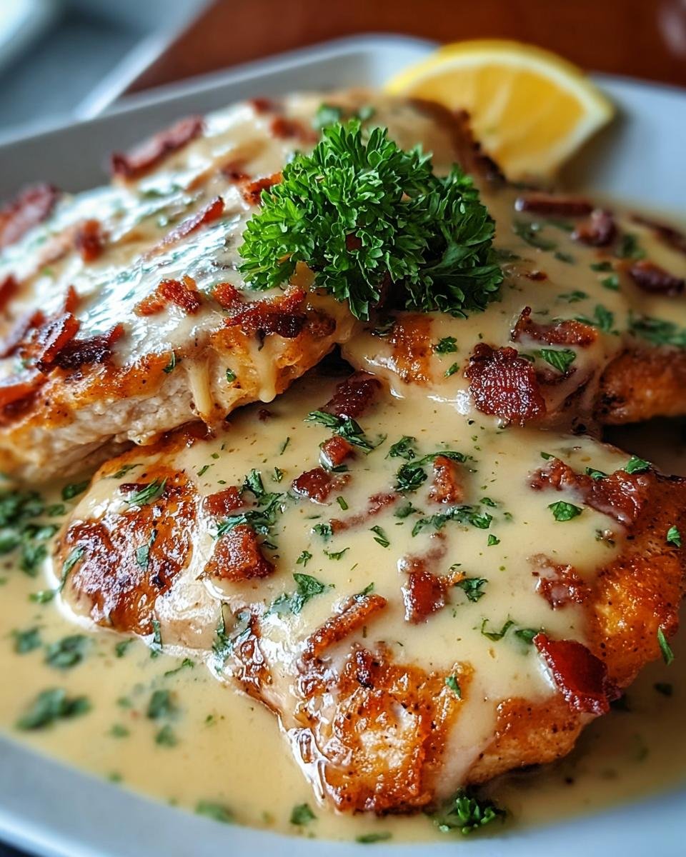 Close-up of juicy Malibu Chicken breasts smothered in a creamy sauce, topped with crispy bacon bits and fresh parsley.