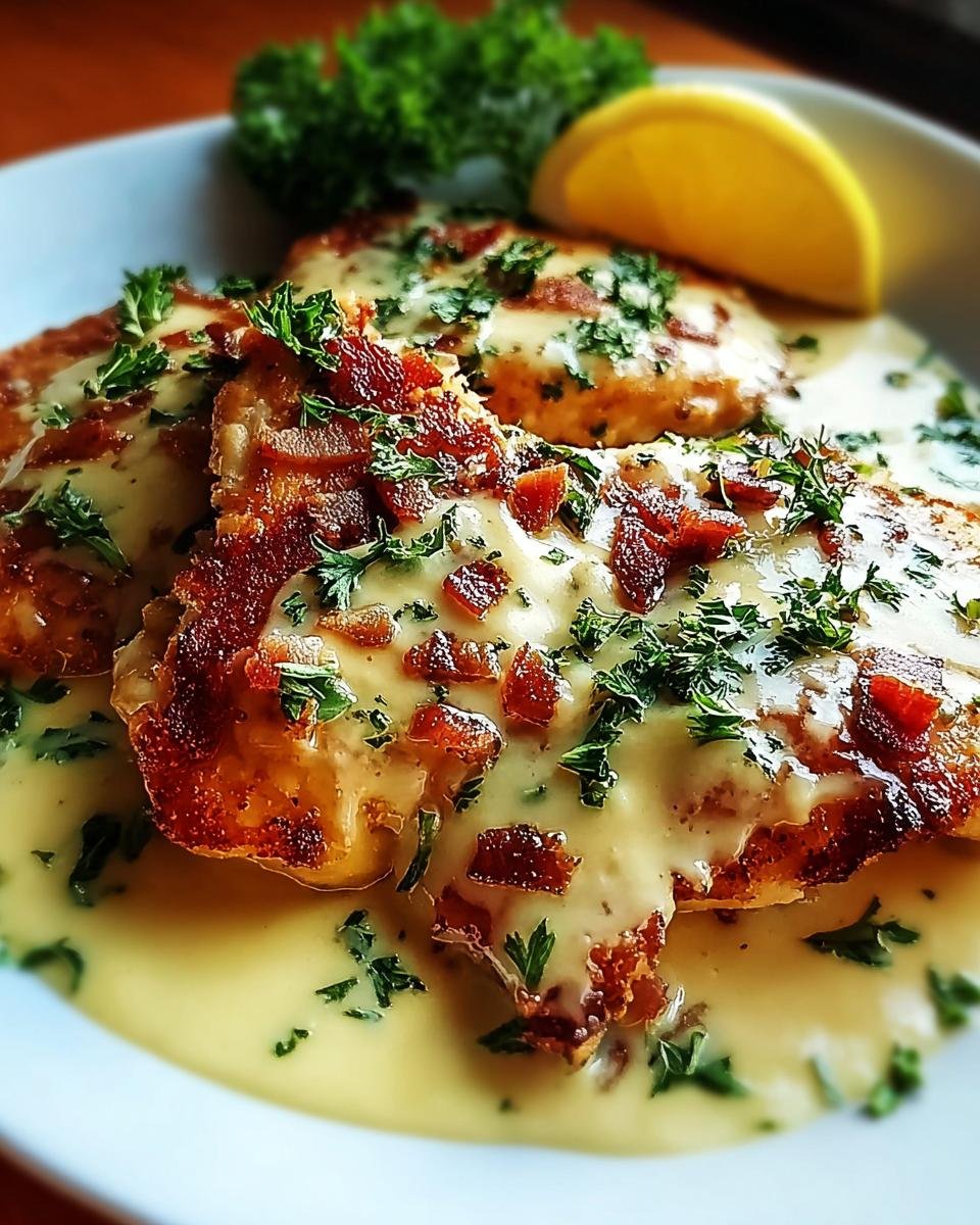 Close-up of pan-fried Malibu Chicken topped with creamy sauce, crispy bacon bits, and fresh parsley.