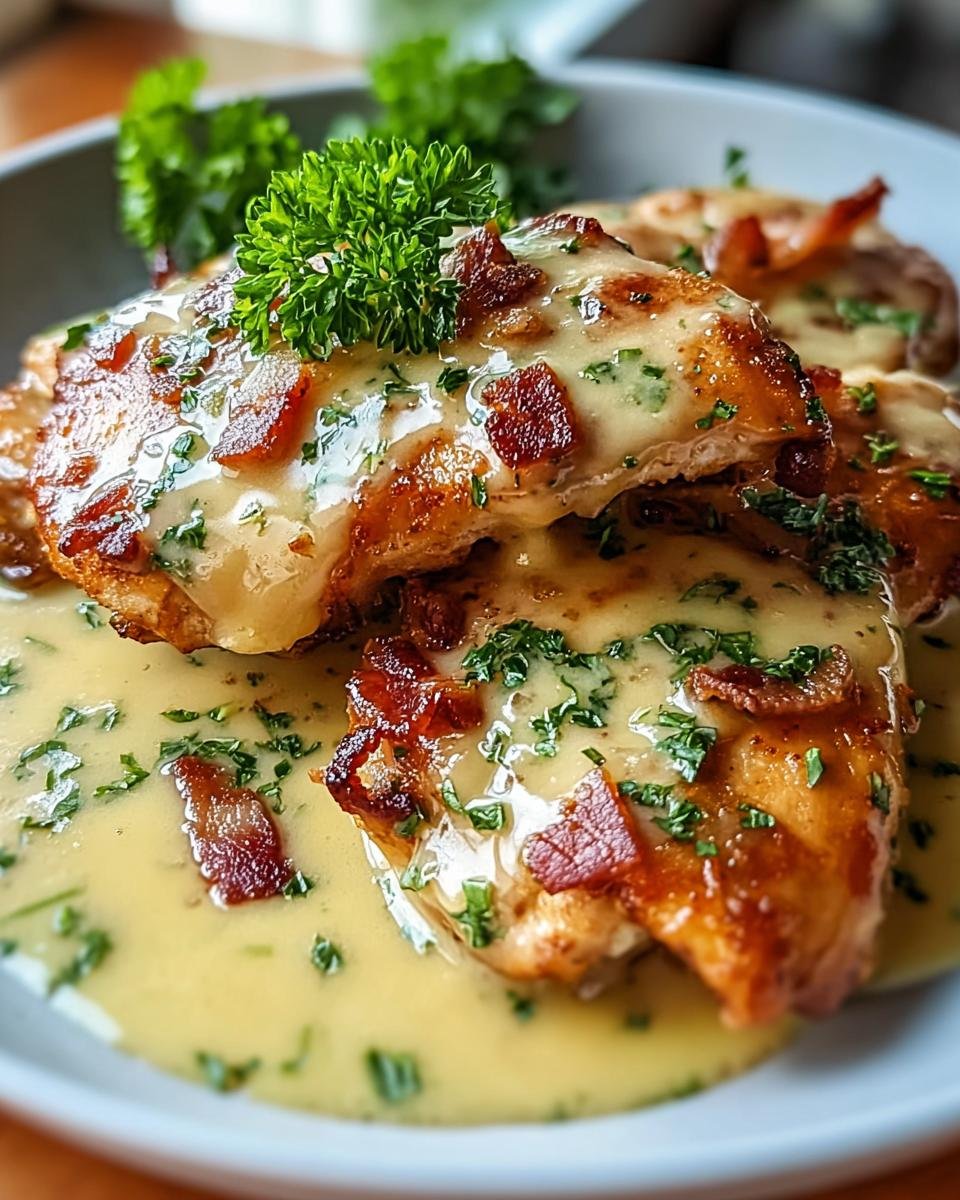 Close-up of tender Malibu Chicken topped with creamy sauce, crispy bacon bits, and fresh parsley.