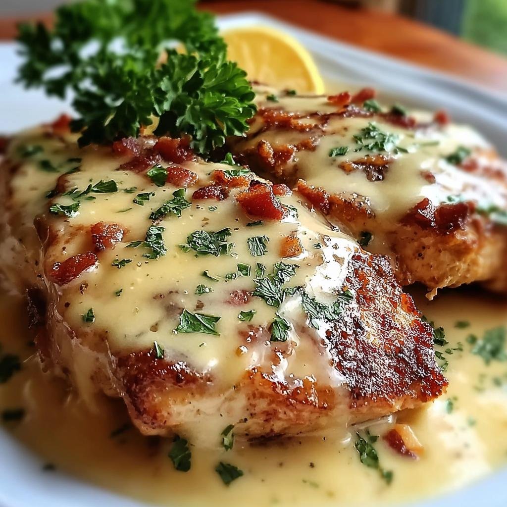 Close-up of juicy Malibu Chicken covered in creamy sauce, sprinkled with bacon bits and fresh parsley, with a lemon wedge garnish.