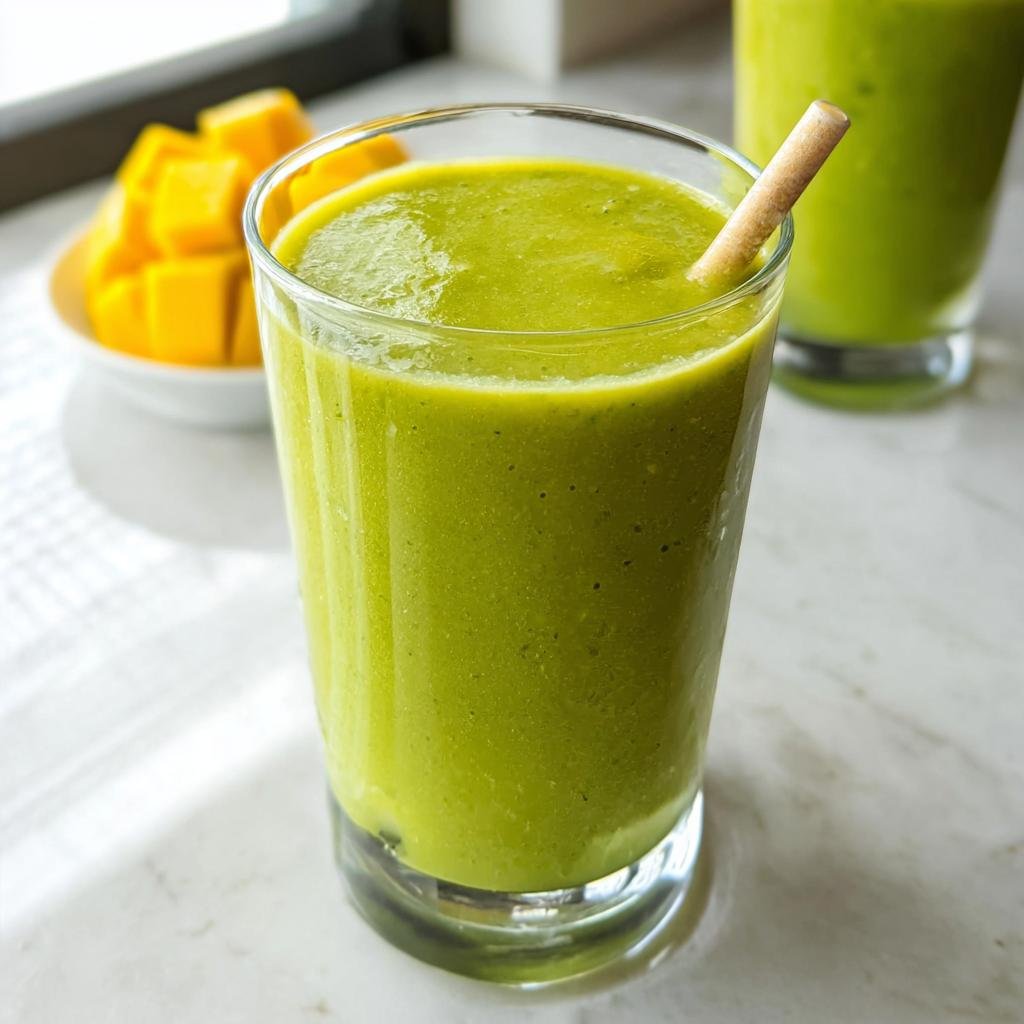 A vibrant green Mango Spinach Smoothie in a glass with a straw, with diced mango in the background.