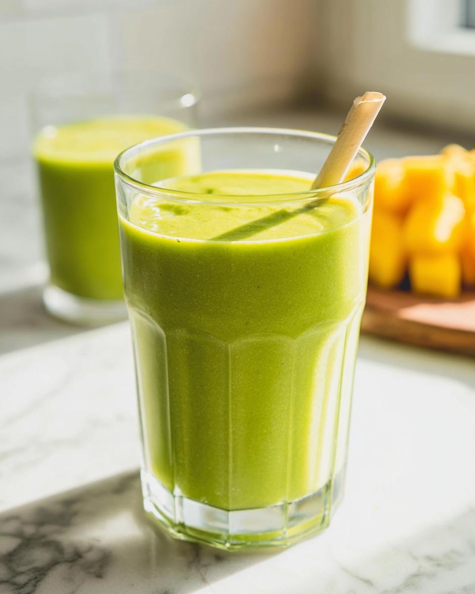 A vibrant green Mango Spinach Smoothie in a glass with a straw, with diced mango in the background.