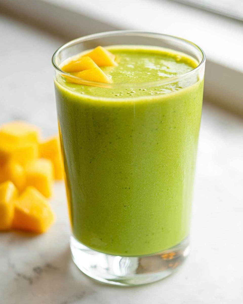 A vibrant green Mango Spinach Smoothie in a glass, garnished with fresh mango chunks.