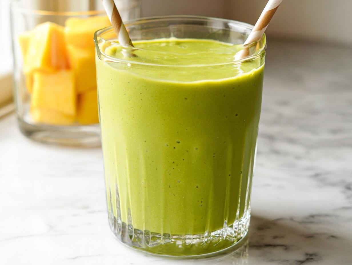 A vibrant green Mango Spinach Smoothie in a glass with two striped straws, with diced mango in the background.