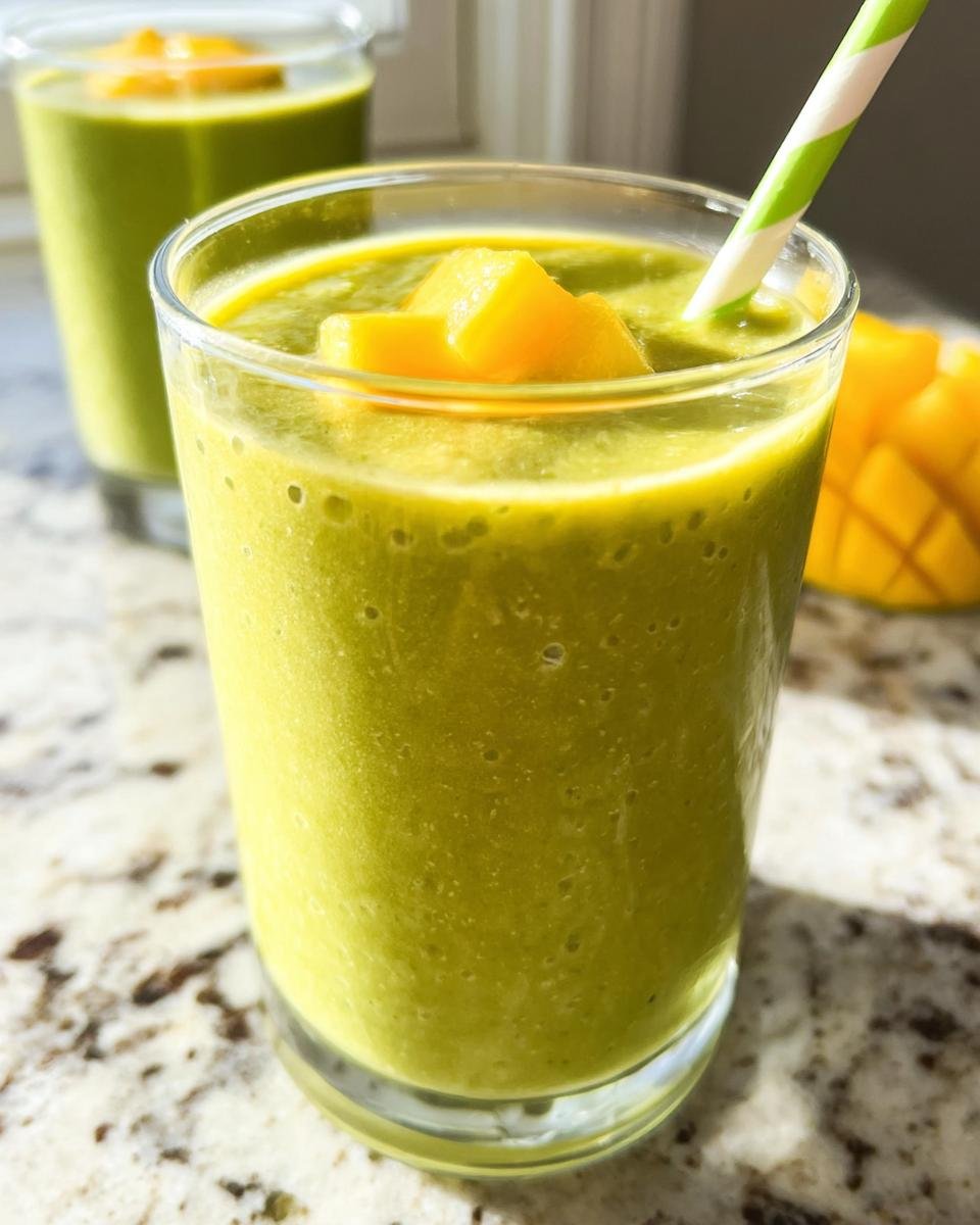 A vibrant Mango Spinach Smoothie in a glass, topped with fresh mango cubes and a striped straw.