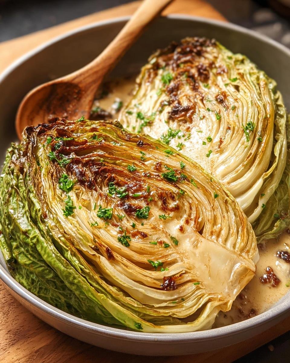 Two halves of Marry Me Melting Cabbage, roasted and drizzled with sauce, garnished with parsley.