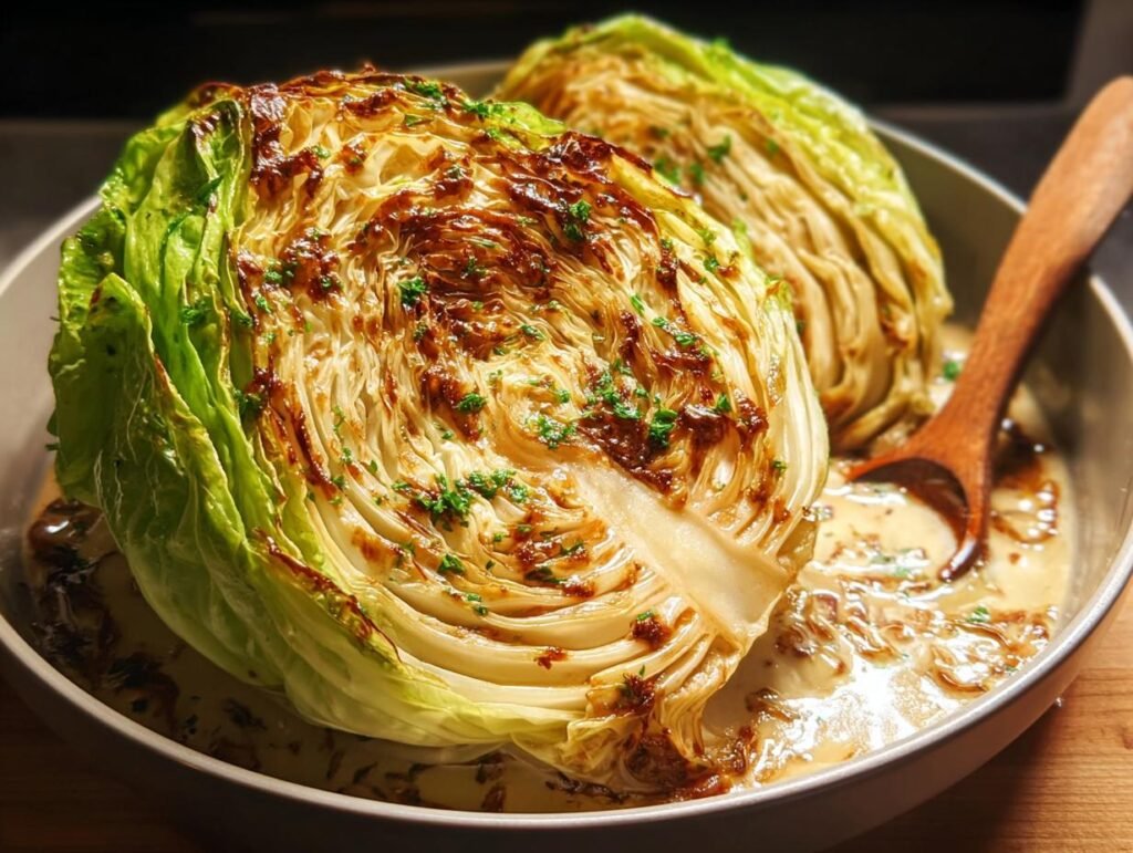 Two halves of Marry Me Melting Cabbage, roasted and served in a creamy sauce with a wooden spoon.