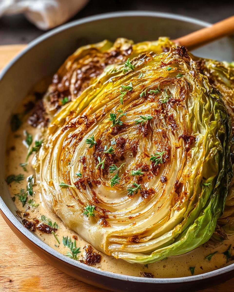 A whole head of Marry Me Melting Cabbage, roasted and bathed in a rich, creamy sauce, garnished with fresh herbs.