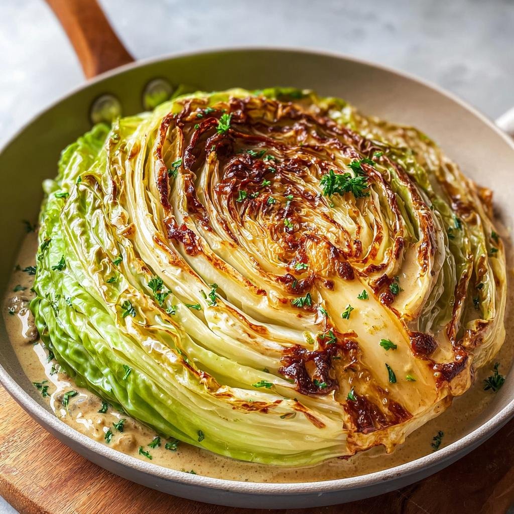 A whole head of Marry Me Melting Cabbage roasted in a pan with creamy sauce and parsley.