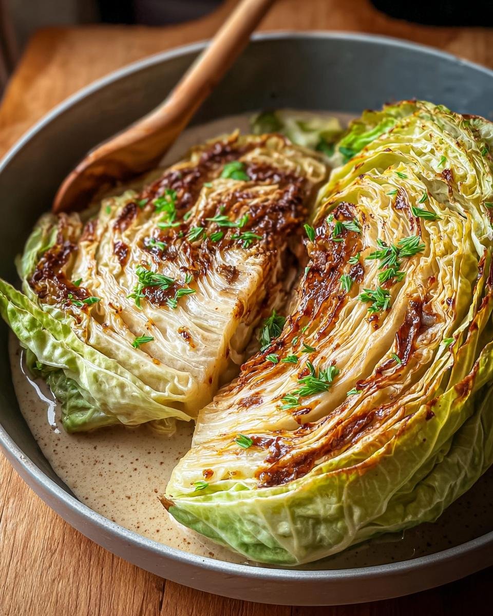 Close-up of two wedges of Marry Me Melting Cabbage served in a creamy sauce, garnished with fresh herbs.