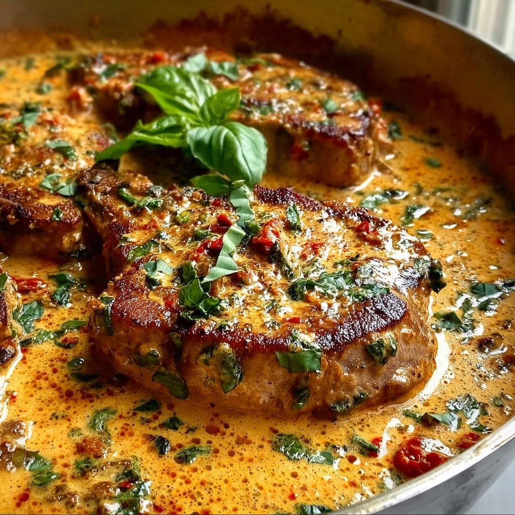 Close-up of juicy Marry Me Pork Chops in a rich, creamy tomato and herb sauce, garnished with fresh basil.