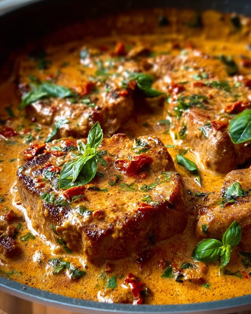 Close-up of Marry Me Pork Chops simmered in a rich, creamy sauce with sun-dried tomatoes and fresh basil.