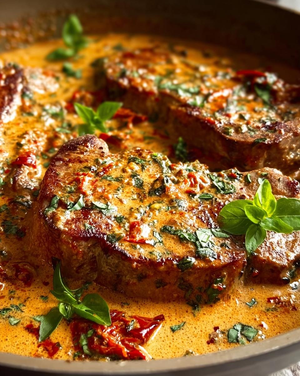 Close-up of Marry Me Pork Chops simmering in a rich, creamy tomato sauce with fresh basil.