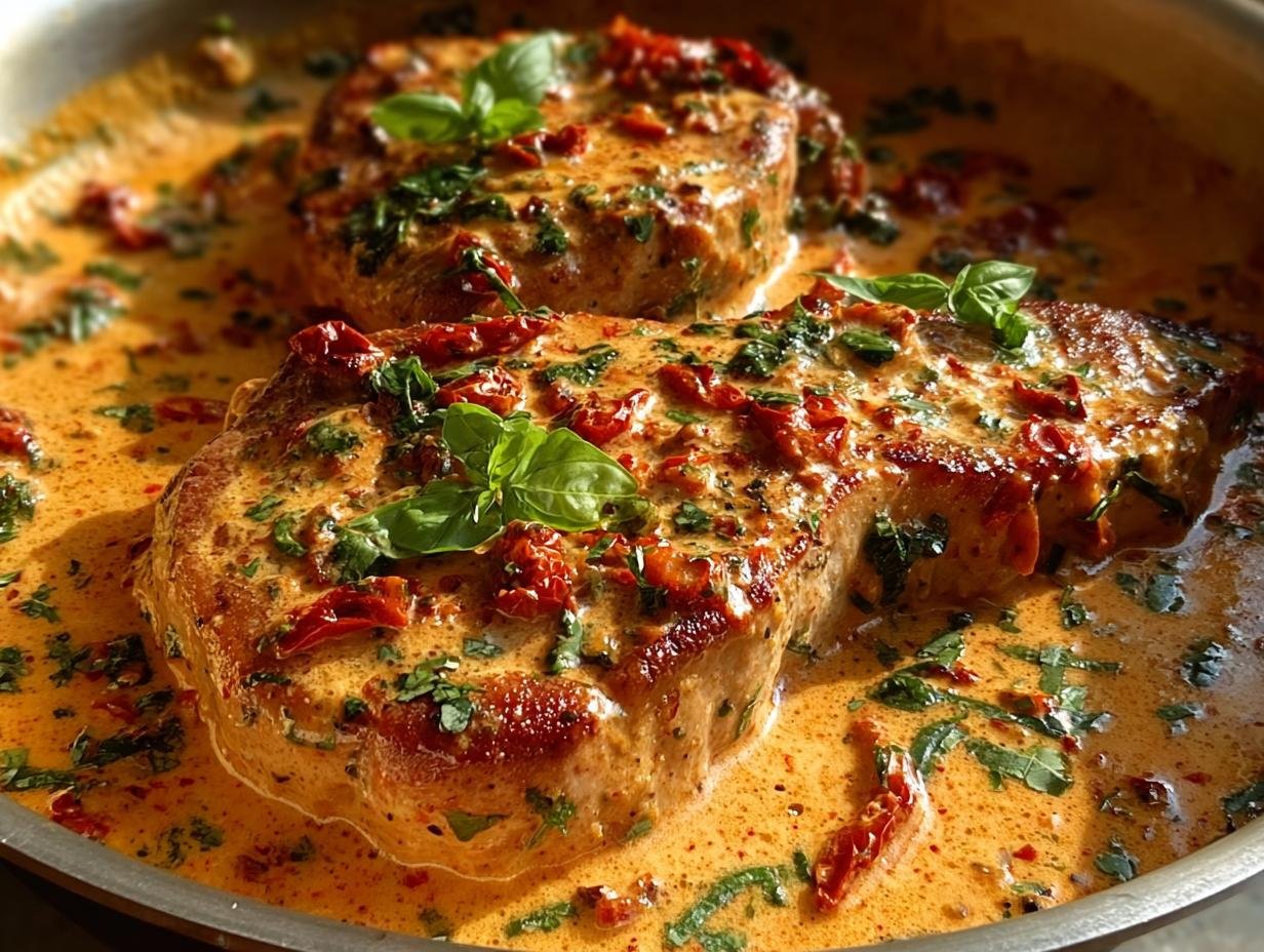 Two juicy Marry Me Pork Chops smothered in a rich, creamy sauce with sun-dried tomatoes and fresh basil.