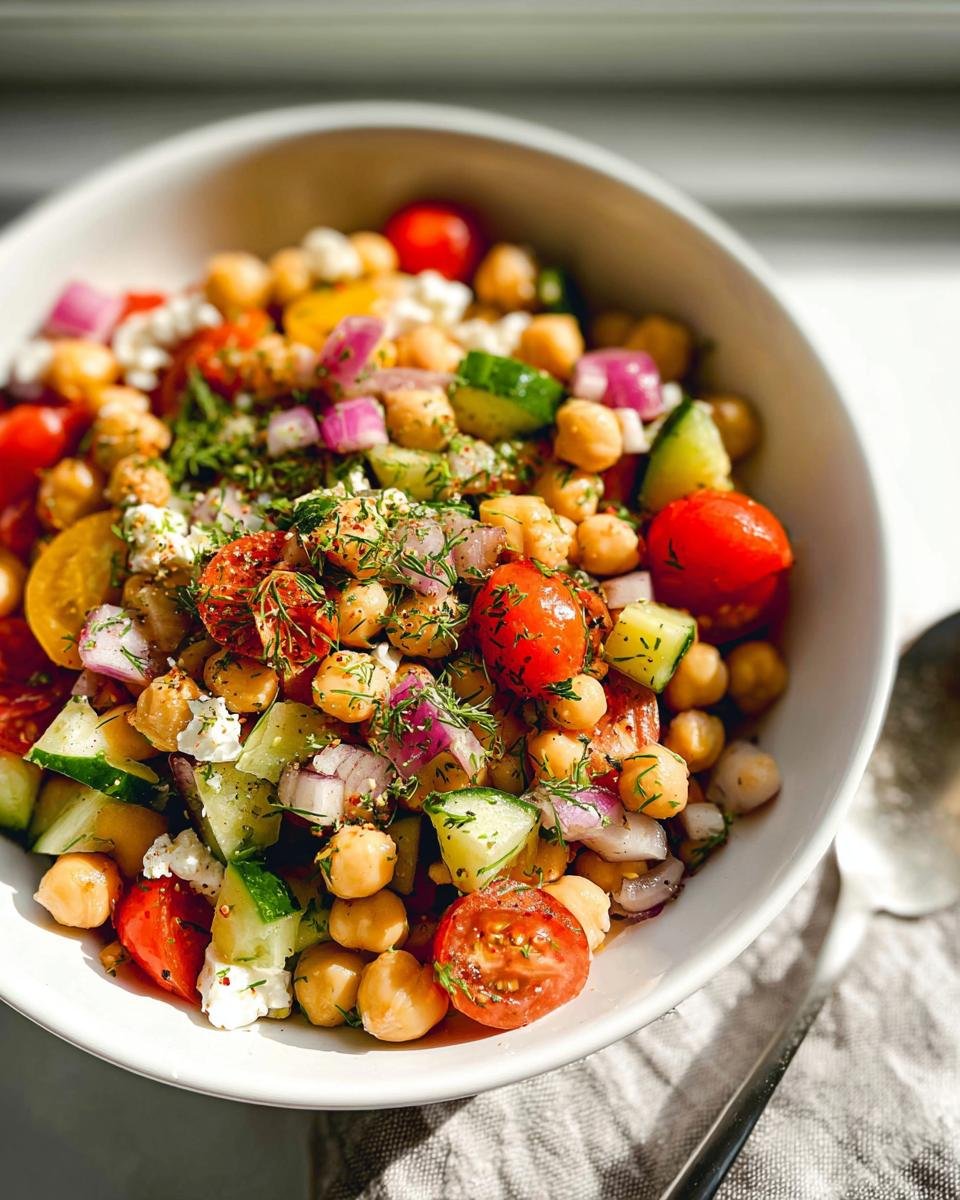 A vibrant bowl of Mediterranean Chickpea Salad with tomatoes, cucumbers, red onion, feta, and fresh herbs.