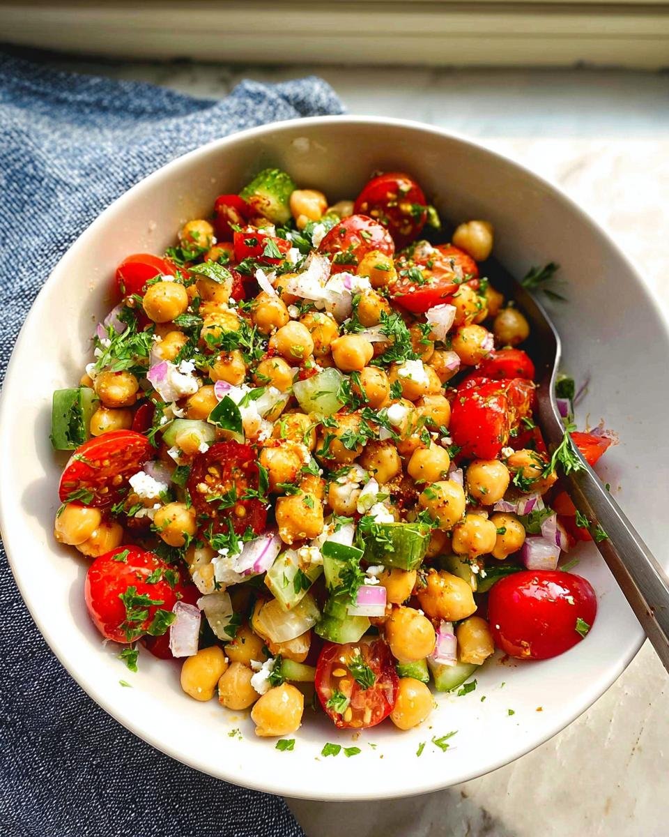 A vibrant bowl of Mediterranean Chickpea Salad with tomatoes, cucumbers, red onion, feta, and parsley.