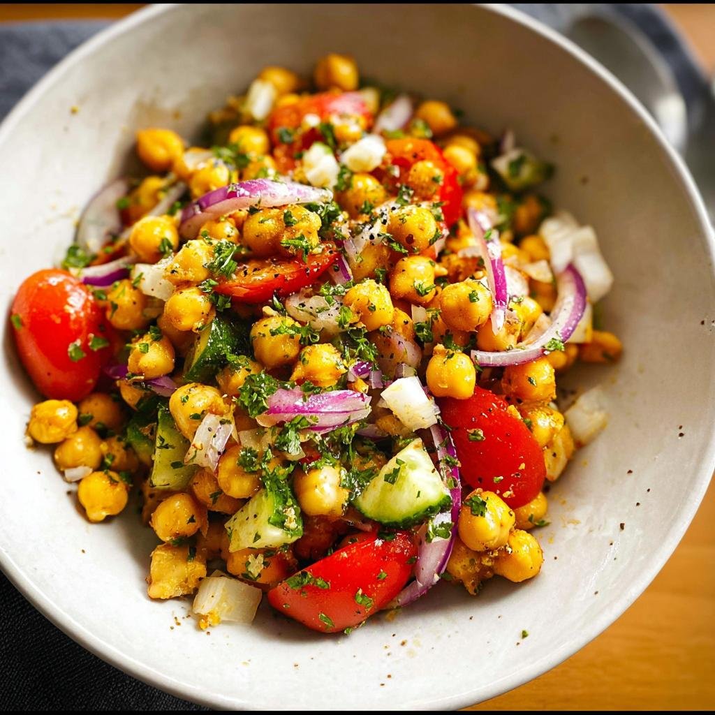 A vibrant bowl of Mediterranean Chickpea Salad with tomatoes, cucumbers, red onion, and fresh herbs.