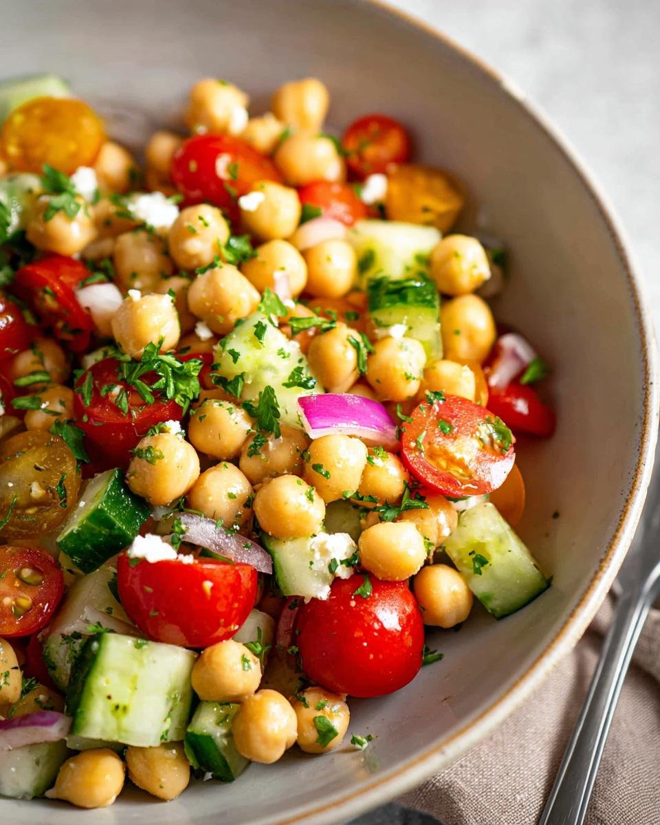 A close-up of a vibrant Mediterranean chickpea salad with cherry tomatoes, cucumber, red onion, and feta cheese.