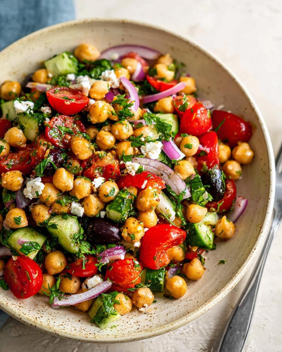 A vibrant bowl of Mediterranean Chickpea Salad with tomatoes, cucumbers, red onion, olives, and feta cheese.