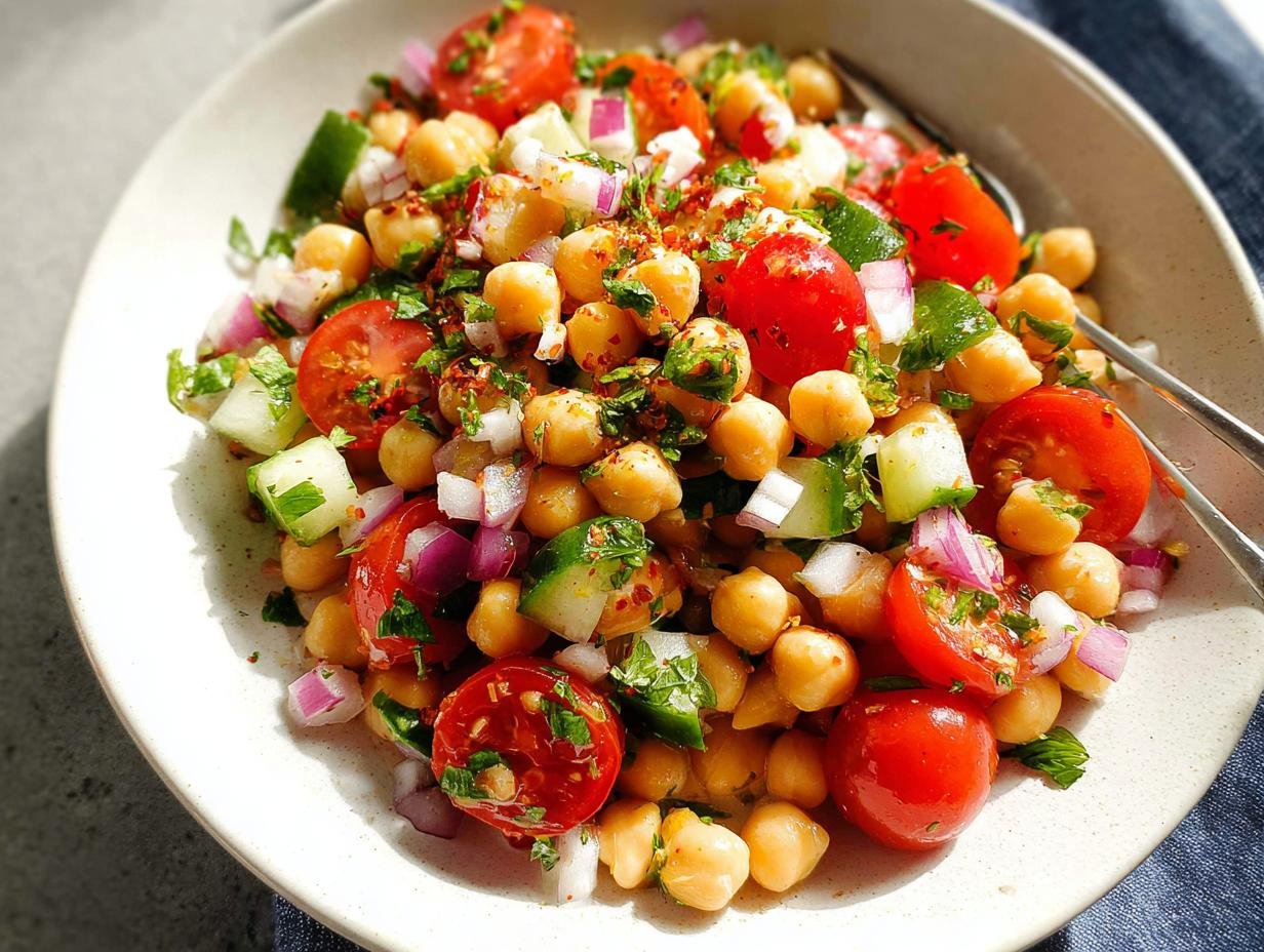 A vibrant bowl of Mediterranean Chickpea Salad with cherry tomatoes, cucumber, red onion, and parsley.