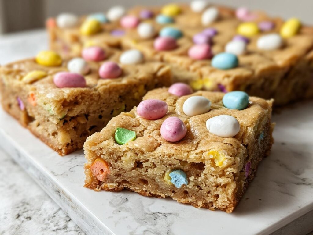 Close-up of freshly baked Mini Egg Cookie Bars, topped with colorful pastel mini eggs.