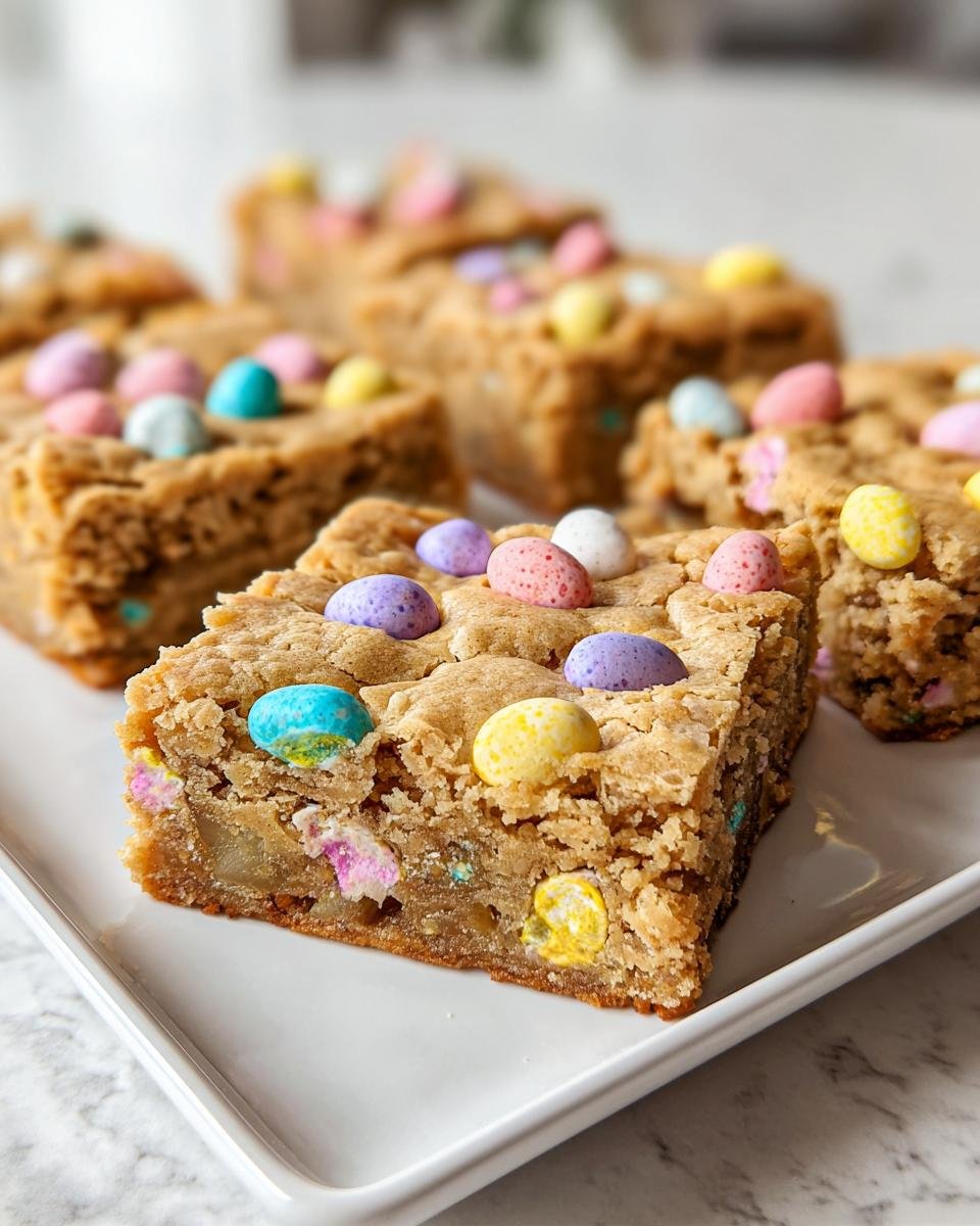 Close-up of a plate of freshly baked Mini Egg Cookie Bars, topped with colorful mini eggs.