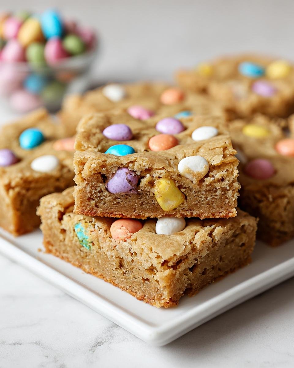 Close-up of stacked Mini Egg Cookie Bars, showcasing colorful candy eggs baked into the chewy cookie base.