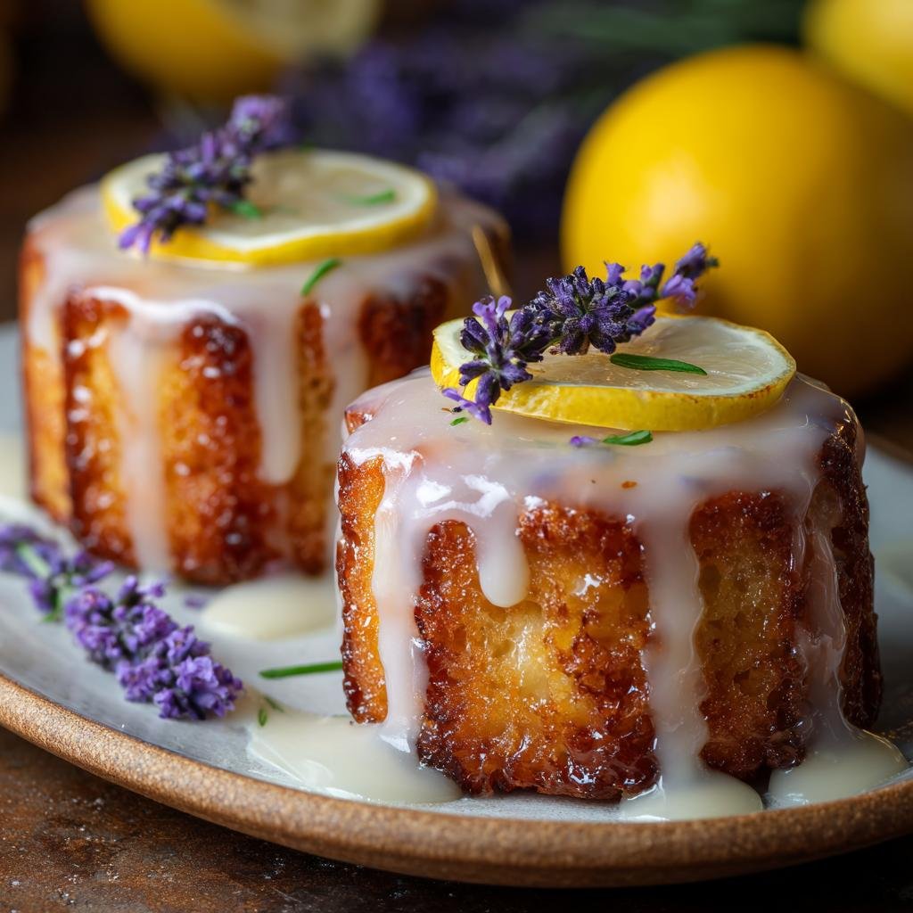 Two delicious mini lemon cakes with lavender glaze, topped with lemon slices and lavender sprigs.