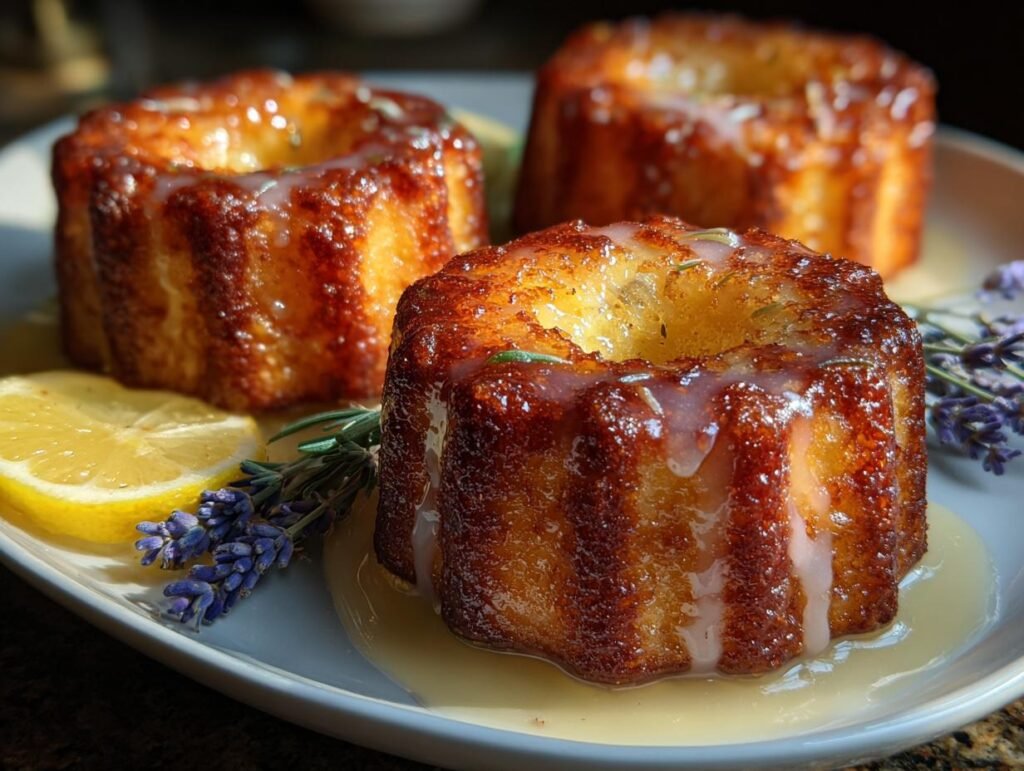 Three mini lemon cakes with lavender glaze, garnished with lemon slices and lavender sprigs.