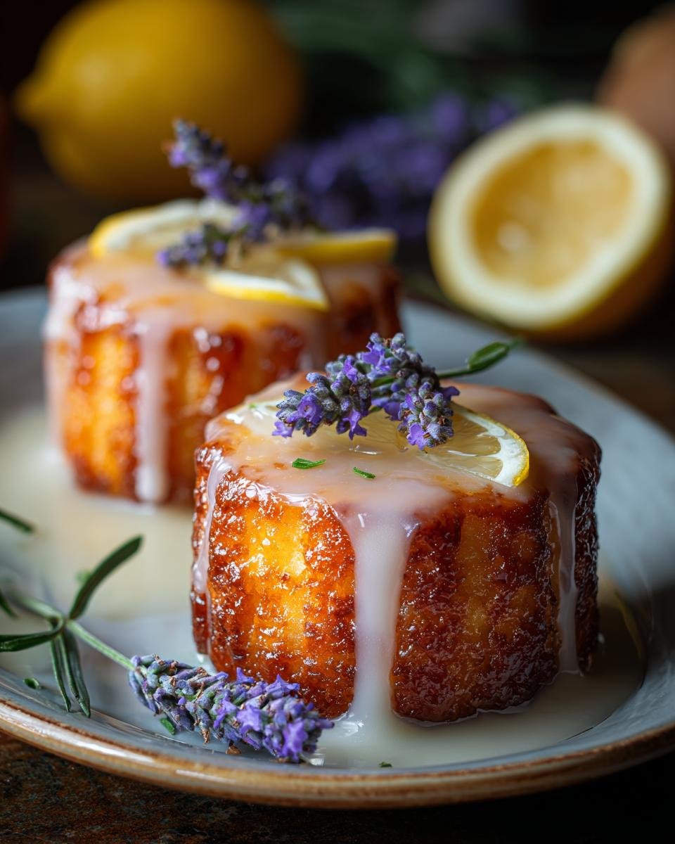 Two mini lemon cakes with lavender glaze, garnished with lemon slices and lavender sprigs.