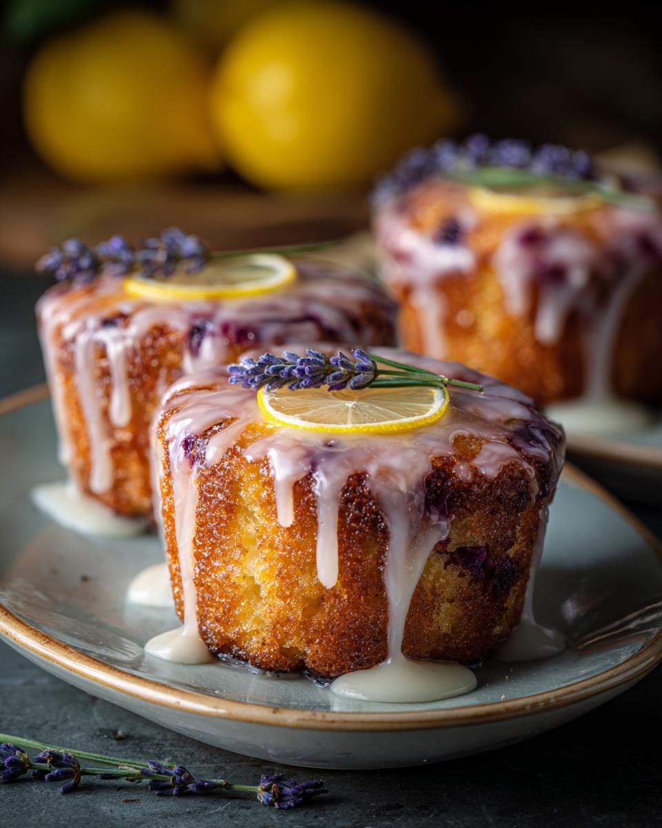 Close-up of mini lemon cakes with lavender glaze, topped with lemon slices and lavender sprigs.