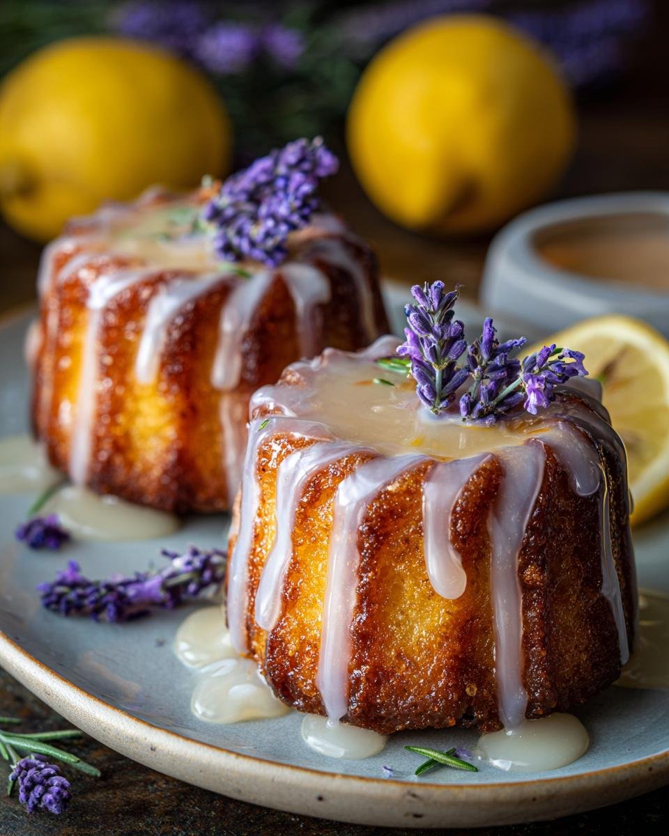 Two mini lemon cakes with lavender glaze, garnished with fresh lavender sprigs and drizzled with glaze.